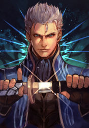 Rule 34 | 1boy, black gloves, blue eyes, capcom, closed mouth, devil may cry (series), fingerless gloves, glint, gloves, grey hair, hands up, holding, holding sword, holding weapon, hungry clicker, looking at viewer, male focus, scabbard, sheath, short hair, solo, sword, unsheathing, vergil (devil may cry), weapon
