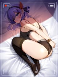 Rule 34 | 1girl, absurdres, ahoge, ako (blue archive), ass, bare arms, bare shoulders, black bra, black panties, black thighhighs, blue archive, bound, bra, breasts, frown, hairband, highres, hotpeople, large breasts, long hair, looking at viewer, lying, no shoes, on bed, panties, purple eyes, purple hair, recording, restrained, sbgu, solo, sports bra, thighhighs, thighs, underwear, underwear only, v-shaped eyebrows, viewfinder