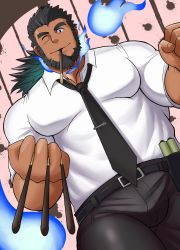 Rule 34 | 1boy, ;), bara, beard, between pectorals, black hair, black necktie, blue fire, bulge, collared shirt, dark-skinned male, dark skin, dutch angle, facial hair, facial scar, fire, food, forked eyebrows, formal, highres, holding, holding food, holding pocky, incoming food, incoming pocky kiss, large pectorals, long hair, looking at viewer, male focus, mature male, muscular, muscular male, necktie, necktie between pectorals, official alternate costume, one eye closed, pectorals, pocky, pocky day, sandayu (housamo), scar, scar on cheek, scar on face, shirt, smile, solo, thick thighs, thighs, tokyo houkago summoners, yugyouhijiri
