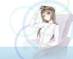 Rule 34 | 10s, 1girl, brown hair, female admiral (kancolle), gloves, hat, highres, ji dan, kantai collection, long hair, military, military uniform, red eyes, sitting, smile, solo, uniform