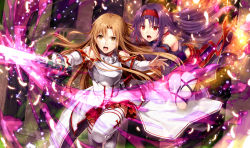 Rule 34 | 10s, 2girls, armor, asuna (sao), bare shoulders, blush, braid, brown eyes, brown hair, detached sleeves, feathers, gabiran, glowing, headband, holding, holding sword, holding weapon, indoors, long hair, multiple girls, open mouth, pointy ears, purple hair, red eyes, red skirt, skirt, sword, sword art online, sword art online the movie: ordinal scale, teeth, thighhighs, upper teeth only, weapon, white thighhighs, yuuki (sao), asuna (sao)