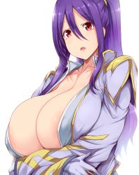 Rule 34 | 1girl, areola slip, breasts, character request, cleavage, highres, huge breasts, long hair, looking at viewer, open mouth, purple hair, red eyes, solo, tsukasawa takamatsu, upper body, zoids