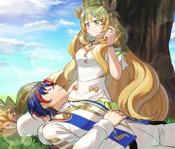 Rule 34 | 1boy, 1girl, absurdres, against tree, alear (fire emblem), alear (male) (fire emblem), betabetamaru, blonde hair, blue hair, bow, celine (fire emblem), crown, fire emblem, fire emblem engage, green eyes, hair bow, highres, jewelry, lap pillow, long hair, multicolored hair, necklace, nintendo, pearl necklace, red hair, ring, signature, sleeping, smile, thighhighs, tree, two-tone hair, very long hair