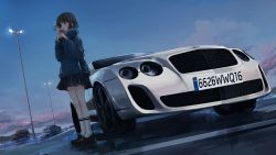 Rule 34 | 1girl, bentley, bentley continental gt, black footwear, black hair, black skirt, blue eyes, blush, bob cut, car, cup, day, dutch angle, evening, hands up, highres, holding, holding cup, hood, hoodie, legs together, loafers, looking to the side, motor vehicle, original, outdoors, parking lot, scenery, school uniform, shoes, short hair, skirt, socks, solo, standing, swav, vehicle focus, white socks, wide shot
