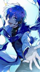 Rule 34 | 1boy, belt, belt buckle, black pants, black sweater, blue eyes, blue hair, blue nails, blue scarf, blue theme, buckle, coat, contrapposto, cowboy shot, dark blue hair, fingernails, floating hair, gradient background, hair between eyes, happy, headset, high collar, highres, kaito (vocaloid), kaito (vocaloid3), blue background, male focus, open mouth, outstretched hand, pants, partially unzipped, qmm (qmm404), scarf, see-through, simple background, sweater, tsurime, turtleneck, turtleneck sweater, vignetting, vocaloid, white background, white coat, zipper pull tab