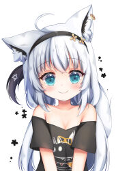 Rule 34 | 1girl, absurdres, age regression, aged down, ahoge, animal ear fluff, animal ears, bare shoulders, black hairband, black shirt, blush, braid, breasts, cleavage, collarbone, commentary request, earrings, fox ears, fox girl, fox tail, grandapple71, green eyes, hair between eyes, hairband, highres, hololive, jewelry, long hair, looking at viewer, pentagram, shirakami fubuki, shirakami fubuki (loungewear), shirt, short sleeves, sidelocks, simple background, single braid, smile, solo, tail, virtual youtuber, white background, white hair