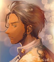 Rule 34 | 1boy, beard, brown hair, claude von riegan, facial hair, fire emblem, fire emblem: three houses, from side, green eyes, highres, male focus, nintendo, aged up, painting (medium), solo, traditional media, watercolor (medium)