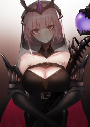 Rule 34 | 1girl, absurdres, alternate costume, bare shoulders, belt, black belt, black collar, black dress, black gloves, breasts, chest belt, cleavage, collar, crown, dress, elbow gloves, gloves, head tilt, highres, holding, holding weapon, hololive, hololive english, large breasts, looking at viewer, mole, mole under mouth, mori calliope, pink hair, red eyes, senbon tsuki, short hair, smile, solo, strapless, strapless dress, veil, virtual youtuber, weapon