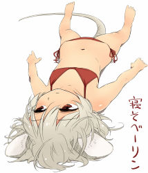 Rule 34 | 1girl, animal ears, barefoot, bikini, flat chest, full body, lying, mouse ears, mouse tail, navel, nazrin, on back, red bikini, red eyes, side-tie bikini bottom, silver hair, simple background, solo, swimsuit, tail, touhou, translation request, upside-down, white background, yudepii