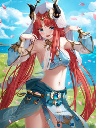 Rule 34 | 1girl, :d, absurdres, bare shoulders, blue bow, blue sky, bow, breasts, brooch, circlet, clothing cutout, cloud, cowboy shot, crop top, day, detached sleeves, falling petals, genshin impact, gold trim, grass, hands up, harem outfit, highres, hsxxx, jewelry, long hair, long sleeves, looking at viewer, medium breasts, navel, neck ring, nilou (genshin impact), open mouth, parted bangs, parted lips, pelvic curtain, petals, puffy long sleeves, puffy sleeves, red hair, skirt, sky, smile, solo, sparkle, stomach, teeth, thighs, twintails, upper teeth only, vambraces, veil, very long hair, vision (genshin impact), white headwear