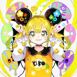 Rule 34 | 1girl, animal, animal ears, black choker, blonde hair, bug, butterfly, cheese, choker, closed eyes, collarbone, facial mark, fake animal ears, fingernails, floral print, food, frills, green eyes, hand in own hair, holding, holding own hair, hyatsu, insect, looking at viewer, megaphone, melting, mouse ears, multicolored eyes, open mouth, original, parted lips, purple eyes, smile, solo, teeth, twintails, whisker markings, yellow butterfly, yellow theme