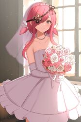 Rule 34 | 1girl, armpit crease, bare shoulders, black ribbon, blue eyes, blush, bouquet, bow, bride, chinese knot, closed mouth, collarbone, dress, elbow gloves, eyepatch, flat chest, flower, frilled dress, frills, gloves, hair bow, hair over one eye, hair ribbon, highres, holding, holding bouquet, indoors, jewelry, kazakiri (senran kagura), leaf, looking at viewer, low twintails, necklace, pearl necklace, pink flower, pink hair, pink rose, ribbon, rose, senran kagura, senran kagura new link, short hair, short twintails, smile, solo, standing, strapless, strapless dress, surippa1010, tiara, twintails, wedding dress, white bow, white dress, white flower, white gloves, white ribbon, white rose, window