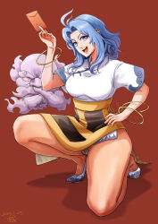 Rule 34 | 1boy, 1girl, absurdres, blue eyes, blue hair, bracelet, breasts, commentary, commentary request, comrade bai yangqi, dated, english commentary, full body, highres, holding, jewelry, kesa, kumoi ichirin, large breasts, looking at viewer, medium hair, mixed-language commentary, on one knee, open mouth, short sleeves, signature, teeth, thighs, touhou, unzan, upper teeth only, white footwear