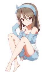 Rule 34 | 1girl, alternate headwear, bandana, bare shoulders, blue bandana, blue shirt, blue shorts, brown eyes, brown hair, closed mouth, commentary, girls und panzer, highres, kayabakoro, light blush, long hair, long sleeves, looking at viewer, mika (girls und panzer), off-shoulder shirt, off shoulder, shirt, short shorts, shorts, simple background, sitting, sleepwear, sleeves past wrists, smile, solo, white background