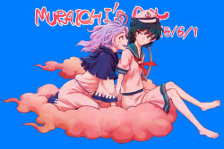 Rule 34 | 2girls, anchor, anchor symbol, barefoot, black hair, blue background, blue hair, blush, cloud, commentary request, dated, green eyes, hat, hood, hood down, kumoi ichirin, looking at another, meimaru inuchiyo, multiple girls, murasa minamitsu, on cloud, romaji text, sailor collar, short sleeves, sitting, smile, touhou, white hat, wide sleeves