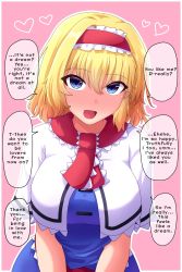 Rule 34 | 1girl, alice margatroid, belt, blonde hair, blue dress, blue eyes, blush, breasts, cape, confession, dress, english text, fusu (a95101221), hair between eyes, hairband, heart, highres, large breasts, looking at viewer, open mouth, pink background, purple eyes, red belt, red hairband, red neckwear, red scarf, scarf, short hair, short sleeves, simple background, smile, solo, touhou, translated, white cape, white sleeves