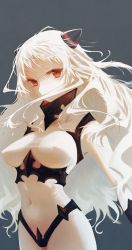 Rule 34 | 1girl, absurdres, airfield princess, artist request, breasts, covered erect nipples, grey background, hair over mouth, highres, horns, kantai collection, large breasts, long hair, looking at viewer, navel, orange eyes, red eyes, simple background, solo, standing, very long hair, white hair