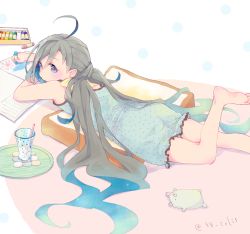 Rule 34 | 10s, 1girl, ahoge, alternate costume, barefoot, blue dress, blue hair, child&#039;s drawing, coaster, colis, commentary request, crayon, cup, cushion, dress, drinking glass, drinking straw, gradient hair, grey eyes, grey hair, hair between eyes, kantai collection, kiyoshimo (kancolle), long hair, looking at viewer, low twintails, lying, multicolored hair, on stomach, paper, polka dot, polka dot dress, sleeveless, sleeveless dress, solo, stuffed animal, stuffed toy, the pose, tray, twintails, twitter username, very long hair