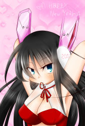 Rule 34 | 10s, 1girl, 2011, arms up, black hair, blue eyes, breasts, cleavage, happy new year, headphones, highres, kinakomochi (kinaryahuka), long hair, mouth hold, new year, original, ribbon, solo