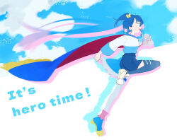 Rule 34 | 1girl, 35kawaiiprpr, blue camisole, blue eyes, blue footwear, blue hair, blue shirt, blue skirt, blue sky, blue thighhighs, boots, camisole, cape, cloud, cloudy sky, commentary, cure sky, english commentary, english text, fringe trim, from side, hair ribbon, highres, hirogaru sky! precure, jumping, leg up, long sleeves, looking to the side, medium hair, miniskirt, open mouth, pleated skirt, precure, red cape, ribbon, shirt, shoes, side ponytail, silhouette, skirt, sky, smile, solo, sora harewataru, thighhighs, two-sided cape, two-sided fabric, white footwear, yellow ribbon