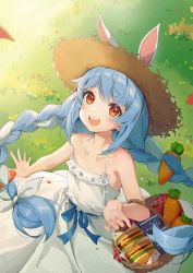 Rule 34 | 1girl, :d, animal ears, bad id, bad pixiv id, bare arms, bare shoulders, basket, blush, braid, brown hat, burger, carrot, carrot hair ornament, day, dress, ears through headwear, extra ears, food, food-themed hair ornament, from above, grass, hair ornament, hat, highres, hololive, long hair, looking at viewer, looking up, multicolored hair, open mouth, outdoors, rabbit ears, red eyes, short eyebrows, shyi, smile, solo, standing, straw hat, streaked hair, sundress, thick eyebrows, twin braids, twintails, usada pekora, very long hair, virtual youtuber, white dress, white hair