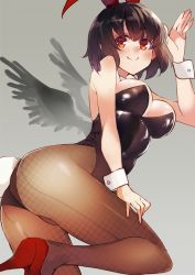 Rule 34 | 1girl, alternate costume, animal ears, ass, back-seamed legwear, bad id, bad twitter id, bare shoulders, black hair, black leotard, black wings, blush, breasts, brown pantyhose, closed mouth, commentary request, fake animal ears, fishnet pantyhose, fishnets, from side, hand up, high heels, highres, ken (coffee michikusa), large breasts, leg up, leotard, looking at viewer, pantyhose, playboy bunny, rabbit tail, red eyes, red footwear, revision, seamed legwear, shameimaru aya, short hair, smile, solo, strapless, strapless leotard, tail, touhou, wings, wrist cuffs