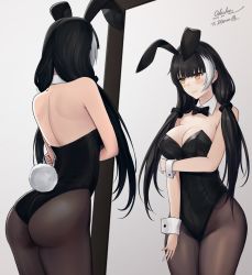 Rule 34 | 1girl, animal ears, ass, black bow, black bowtie, black hair, black leotard, black pantyhose, bow, bowtie, breasts, commission, covered navel, detached collar, fake animal ears, fake tail, full-length mirror, girls&#039; frontline, heterochromia, highleg, highleg leotard, highres, large breasts, leotard, long hair, low twintails, mirror, multicolored hair, odachu, orange eyes, pantyhose, pixiv commission, playboy bunny, rabbit ears, rabbit tail, reflection, ro635 (girls&#039; frontline), strapless, strapless leotard, streaked hair, tail, twintails, white hair, wrist cuffs, yellow eyes