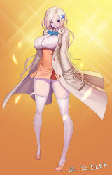 Rule 34 | 1girl, ;), blonde hair, blue eyes, blue flower, blue rose, breasts, coat, colored skin, cosplay, dungeon and fighter, flower, full body, gluteal fold, hair flower, hair ornament, hands in pockets, heart, highres, kim jin sung, large breasts, long hair, looking at viewer, makeup, narusawa ryouka, narusawa ryouka (cosplay), occultic;nine, one eye closed, orange footwear, orange skirt, panties, pantyshot, parted lips, purple skin, rose, sharan (dungeon and fighter), shoes, skirt, smile, solo, standing, thighhighs, underbust, underwear, very long hair, white panties, white thighhighs