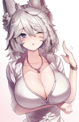 Rule 34 | 1girl, ;o, animal ears, arm under breasts, blue eyes, blush, breasts, cat ears, cleavage, collarbone, final fantasy, final fantasy xiv, gradient background, grey hair, hand up, highres, jewelry, large breasts, long sleeves, medium hair, miqo&#039;te, necklace, one eye closed, open mouth, rot lapin, shirt, simple background, upper body, white shirt