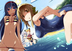 Rule 34 | 4girls, :o, ahoge, animal ears, artistic error, bad id, bad pixiv id, beach, bent over, bikini, bikini in mouth, bikini pull, blue eyes, blue hair, blush, breasts, brown eyes, clothes in mouth, clothes pull, dutch angle, flat chest, front-tie top, green eyes, groin, hug, long hair, medium breasts, mouth hold, multiple girls, navel, no pupils, ocean, one-piece swimsuit, open mouth, pulled by self, pussy, pussy peek, sarong, school swimsuit, short hair, silver hair, small breasts, smile, striped bikini, striped clothes, sun, swimsuit, tail, very long hair, wading, water, wet, yace