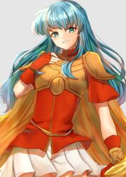 Rule 34 | 1girl, armor, blue eyes, blue hair, breastplate, commentary request, cowboy shot, edamameoka, eirika (fire emblem), fire emblem, fire emblem: the sacred stones, grey background, grin, highres, long hair, looking at viewer, miniskirt, nintendo, pauldrons, pleated skirt, red shirt, shirt, short sleeves, shoulder armor, simple background, skirt, smile, solo, standing, very long hair, white skirt
