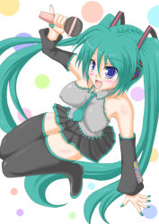Rule 34 | 00s, 1girl, aqua hair, aqua nails, bare shoulders, blue eyes, blush, breasts, covered erect nipples, detached sleeves, hatsune miku, holding, holding microphone, large breasts, long hair, looking at viewer, microphone, nail polish, open mouth, qy73, smile, solo, twintails, vocaloid