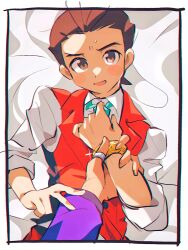 Rule 34 | 2boys, :d, ace attorney, apollo justice, aqua necktie, bed sheet, blush, blush stickers, border, brown eyes, brown hair, buttons, collared shirt, fingernails, grgrton, hand up, holding another&#039;s wrist, klavier gavin, lapels, layered sleeves, long sleeves, looking at viewer, lying, multiple boys, necktie, on back, open mouth, pov, pov hands, purple sleeves, red vest, removing necktie, shirt, sleeves rolled up, smile, solo focus, thumb ring, v, vest, white border, white shirt, yaoi