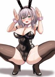 Rule 34 | 1girl, animal ears, black footwear, black leotard, black thighhighs, breasts, cleavage, collar, fake animal ears, green eyes, grey hair, high heels, highres, hololive, large breasts, leotard, looking at viewer, mole, mole under eye, nootomo, open mouth, playboy bunny, rabbit ears, rabbit pose, shirogane noel, short hair, smile, solo, strapless, strapless leotard, teeth, thighhighs, upper teeth only, virtual youtuber, white background, white collar