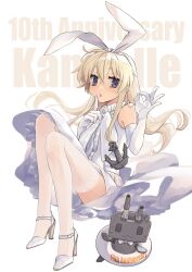 Rule 34 | 1girl, absurdres, anchor hair ornament, blonde hair, dress, elbow gloves, finger to mouth, full body, gloves, hair ornament, hairband, highres, kantai collection, long hair, looking at viewer, open mouth, pierro wpmp, rensouhou-chan, shimakaze (kancolle), solo, thighhighs, wedding dress, white background, white dress, white gloves