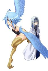 Rule 34 | 10s, 2girls, blue hair, breasts, colorazation, colored skin, colorized, full body, happy, harpy, hug, long hair, monster, monster girl, monster musume no iru nichijou, multiple girls, official art, okayado, papi (monster musume), pointy ears, short shorts, shorts, silver hair, small breasts, smile, talons, tank top, third-party edit, vampire, white skin, wings, yellow eyes