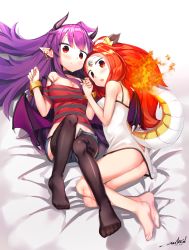 Rule 34 | 2girls, ahoge, alternate skin color, ass, bare legs, bare shoulders, barefoot, bed sheet, black legwear, blush, breasts, cleavage, closed mouth, collarbone, commentary request, demon girl, demon horns, demon wings, dragon girl, dragon horns, dragon tail, dress, earrings, feet, flame-tipped tail, forehead jewel, full body, hands up, highres, holding hands, horns, jewelry, long hair, looking at viewer, low wings, lying, medium breasts, ming (mg), multiple girls, no shoes, on side, open mouth, orange hair, original, overlord (overlord80000), pointy ears, purple hair, red eyes, short dress, signature, smile, strap slip, tail, thighhighs, wings, wristband, yong (mg)