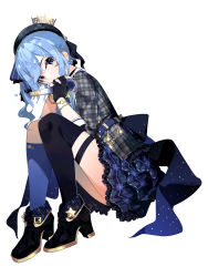 Rule 34 | 1girl, absurdres, asymmetrical legwear, belt, beret, black choker, black footwear, black gloves, black legwear, blue belt, blue bow, blue eyes, blue hair, blue legwear, blue nails, blush, bow, bracelet, choker, commentary, crown, earrings, fingerless gloves, frilled skirt, frills, gloves, grey hat, grey jacket, grey skirt, hat, heart, high heels, highres, holding, holding microphone, hololive, hoshimachi suisei, hoshimachi suisei (1st costume), jacket, jewelry, knees to chest, large bow, light blue hair, looking at viewer, mania (fd6060 60), medium hair, microphone, mini crown, miniskirt, mismatched legwear, nail polish, open mouth, plaid, plaid headwear, plaid skirt, pleated skirt, sailor collar, side ponytail, simple background, skirt, solo, star (symbol), star earrings, star in eye, symbol-only commentary, symbol in eye, thigh strap, thighs, uneven legwear, virtual youtuber, white background