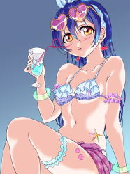 Rule 34 | 1girl, arm support, bikini, blue hair, blush, bracelet, cherry, collarbone, commentary request, crazy straw, drink, drinking straw, earrings, eyewear on head, novelty glasses, food, fruit, hair between eyes, heart, heart-shaped eyewear, heart straw, jewelry, long hair, looking at viewer, love live!, love live! school idol festival, love live! school idol project, navel, parted lips, simple background, sitting, solo, sonoda umi, star (symbol), sunglasses, swimsuit, tetopetesone, thigh strap, yellow eyes