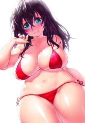 Rule 34 | 1girl, absurdres, aqua eyes, bikini, blush, breasts, collarbone, commentary request, covered erect nipples, curvy, hand in own hair, highres, large breasts, long hair, looking at viewer, navel, onsoku inu, original, plump, purple hair, red bikini, shiny skin, side-tie bikini bottom, simple background, smile, solo, swimsuit, thighs, white background