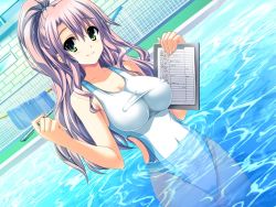 Rule 34 | akaza, henshin 3, long hair, notebook, one-piece swimsuit, pen, pool, purple hair, school swimsuit, swimsuit, water, white one-piece swimsuit, white school swimsuit