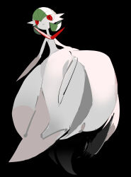 Rule 34 | 1girl, absurdres, apios, bare shoulders, black background, bob cut, closed mouth, creatures (company), dress, expressionless, female focus, flat chest, full body, game freak, gardevoir, gen 3 pokemon, green hair, hair between eyes, highres, leg up, looking at viewer, nintendo, pokemon, pokemon (creature), red eyes, short hair, simple background, solo, standing, standing on one leg, strapless, strapless dress, white dress