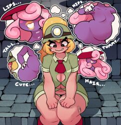 Rule 34 | 2girls, @ @, ascot, bandaid, bandaid on leg, belly, blonde hair, blush, blush stickers, breasts, bursting breasts, button gap, colored skin, curly hair, dabble, english text, gloves, goombella, hair over eyes, hair through headwear, hands on own thighs, hat, head steam, headlamp, highres, huge breasts, imagining, implied yuri, large breasts, mario (series), mining helmet, muffin top, multiple girls, nintendo, paper mario, paper mario: the thousand year door, personification, pink hair, plump, ponytail, purple skin, red ascot, short shorts, shorts, small breasts, striped clothes, striped headwear, thick eyebrows, thighs, thought bubble, tusks, v-shaped eyebrows, vivian (paper mario), white gloves, wide hips, witch hat, yellow lips