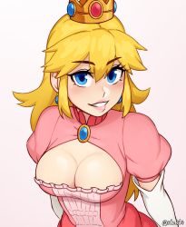 Rule 34 | 1girl, blonde hair, blue eyes, breasts, cleavage, cleavage cutout, close-up, clothing cutout, crown, dress, highres, looking up, mario (series), nintendo, pink dress, princess peach, rob ishi, smile, solo, thick lips, twitter username, white background
