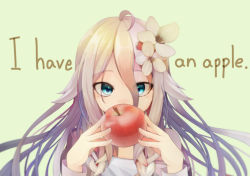 Rule 34 | 1girl, absurdres, ahoge, apple, blonde hair, blue eyes, braid, covering own mouth, english text, flower, food, fruit, hair flaps, hair flower, hair ornament, haiyuki yuki, highres, holding, holding food, holding fruit, ia (vocaloid), long hair, long sleeves, looking at viewer, off-shoulder shirt, off shoulder, shirt, solo, twin braids, vocaloid
