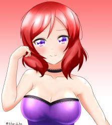 Rule 34 | 1girl, artist name, artist request, bare shoulders, black choker, black detached collar, blush, breasts, choker, cleavage, collarbone, dress, female focus, hair between eyes, highres, looking at viewer, love live!, love live! school idol project, medium breasts, nishikino maki, parted lips, playing with own hair, purple dress, purple eyes, red background, red hair, short hair, smile, solo, upper body