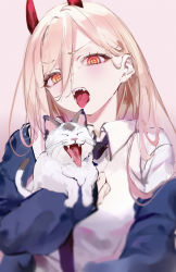 Rule 34 | + +, 1girl, absurdres, animal, blonde hair, cat, chainsaw man, cross-shaped pupils, highres, horns, long hair, looking at viewer, meowy (chainsaw man), mile (off8mile), necktie, open mouth, power (chainsaw man), sharp teeth, solo, symbol-shaped pupils, teeth, tongue, tongue out, yellow eyes