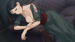 Rule 34 | 1girl, black hair, book, breasts, cleavage, corset, couch, dress, fata morgana no yakata, feet out of frame, giselle (fata morgana no yakata), green hair, highres, indoors, large breasts, leaning, long dress, miura-n315, on couch, short hair, solo