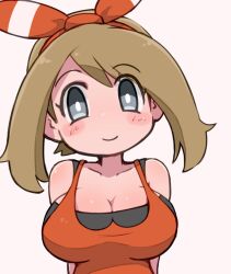 Rule 34 | 1girl, bare shoulders, blush stickers, bow, breasts, brown hair, cleavage, collarbone, creatures (company), game freak, grey eyes, hair bow, large breasts, looking at viewer, may (pokemon), miyazero, nintendo, pokemon, pokemon oras, red bow, red shirt, shirt, short hair, sleeveless, sleeveless shirt, smile, solo, upper body