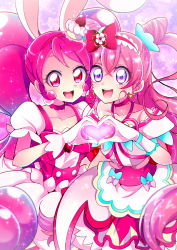 Rule 34 | 2girls, absurdres, animal ears, bare shoulders, bow, cake, cake hair ornament, check commentary, choker, collarbone, commentary, commentary request, cure precious, cure whip, delicious party precure, dress, earrings, extra ears, food, food-themed hair ornament, gloves, hair between eyes, hair ornament, heart, heart hands, highres, jewelry, kirakira precure a la mode, long hair, magical girl, mitsuki tayura, multiple girls, nagomi yui, open mouth, pink bow, pink choker, pink dress, pink eyes, pom pom (clothes), pom pom earrings, precure, puffy sleeves, purple background, purple eyes, rabbit ears, smile, sparkle background, strawberry shortcake, usami ichika, very long hair, white gloves